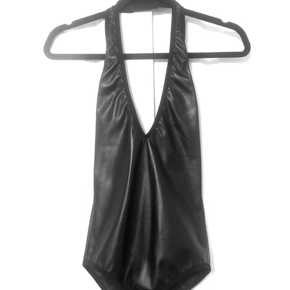 Black faux leather halter-style bodysuit